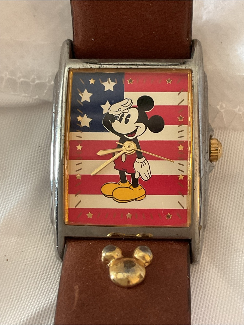 All American Mickey Mouse Disney Silver Case Wristwatch with Brown Leather Strap